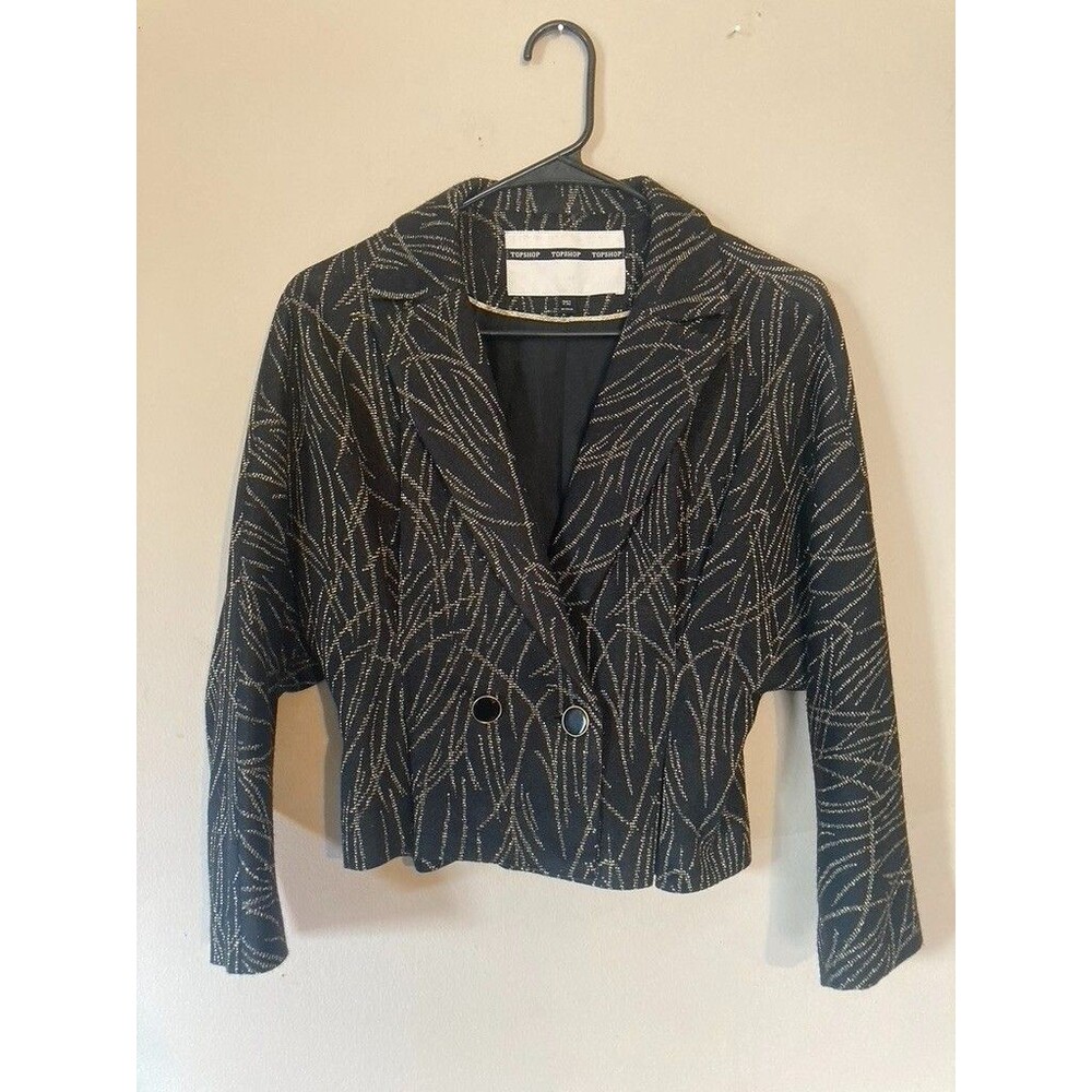 VINTAGE Topshop Womens Cropped Black & Gold Blazer Jacket Long Sleeves - Size 6